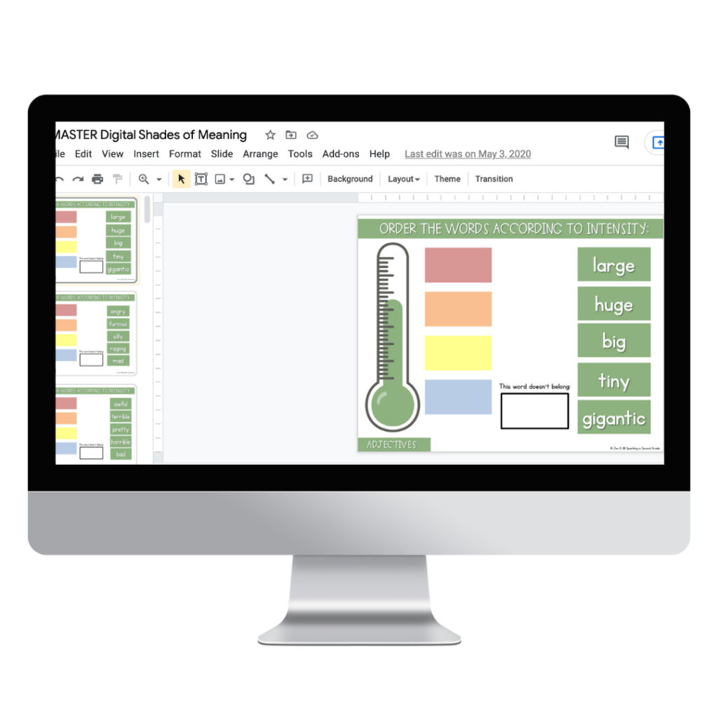 picture of a computer with shades of meaning activity on google classroom