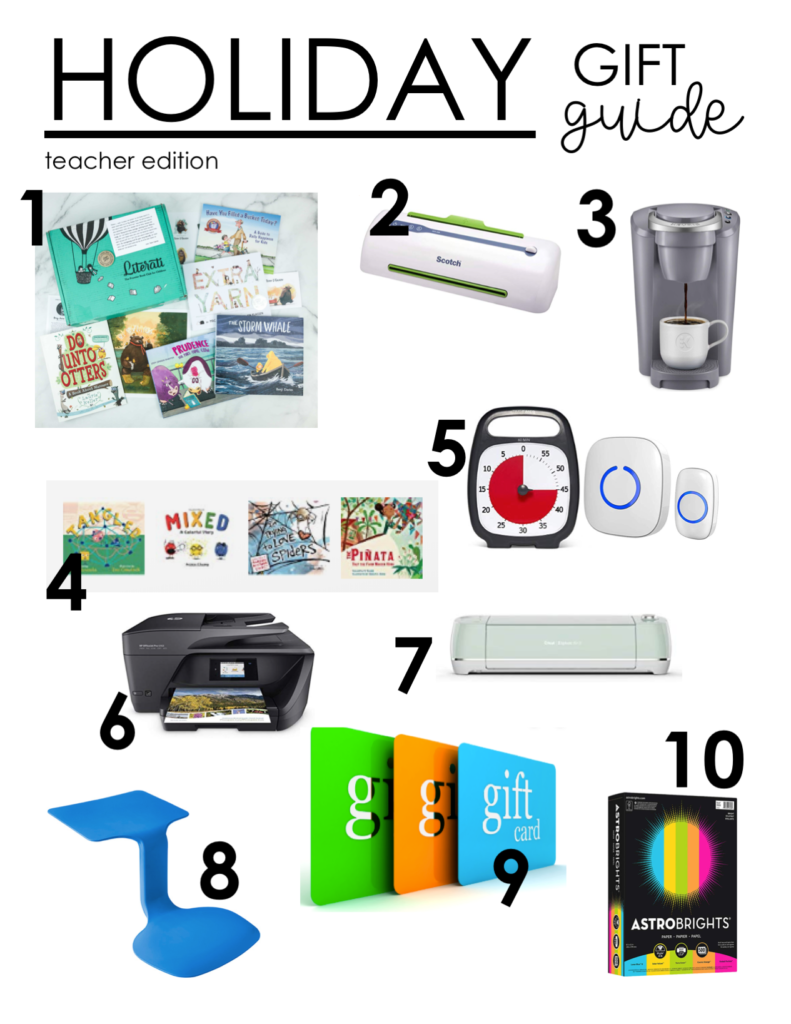 Teacher Gift Guide: picture books, cardstock paper, lap desks, printer, gift cards, classroom management tools, coffee maker, laminator, book box subscription