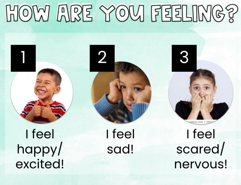 This image shows first day of virtual school slides-how are you feeling check in