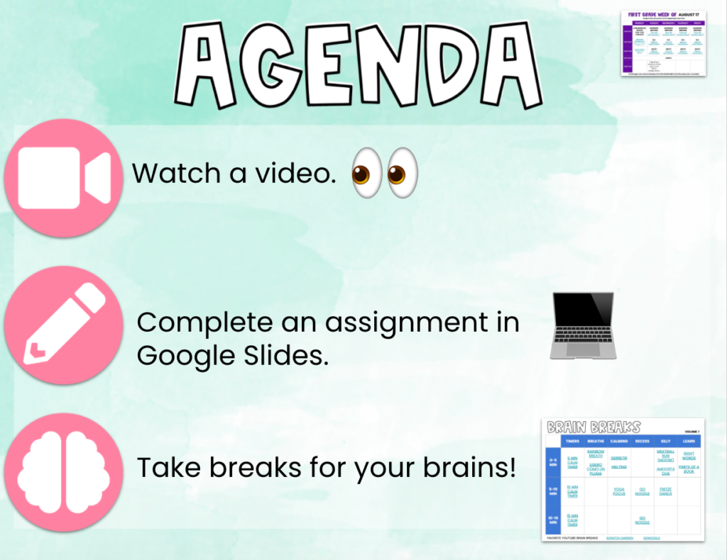 This image shows first day of virtual school slides-agenda slide