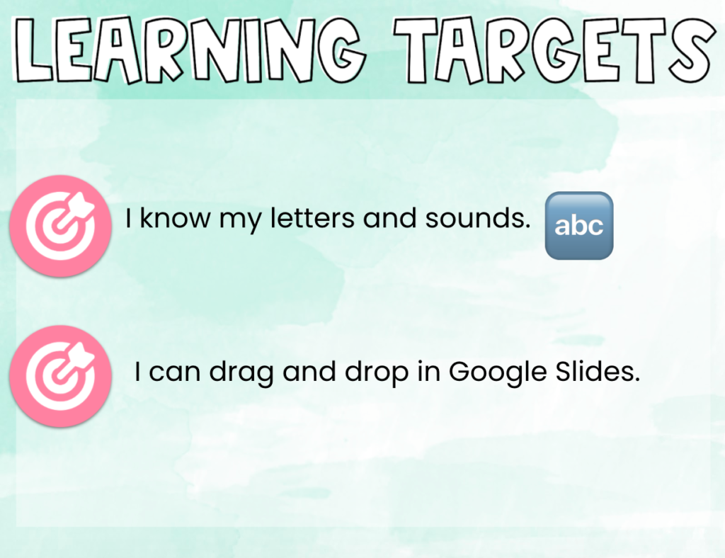 This image shows first day of virtual school slides-learning targets slide